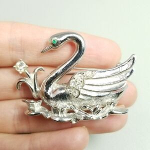 Vintage Coro Swan Brooch, Silver Tone Rhinestone Signed Pat Pend, Retro Estate